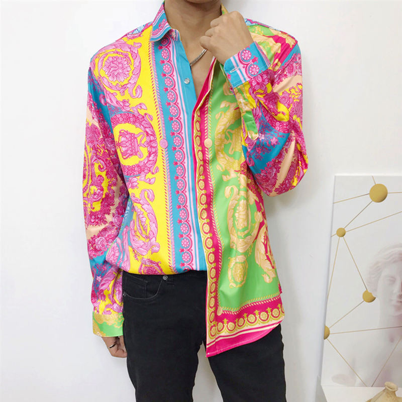 패션 남자 셔츠 럭셔리 3d 다채로운 크라운 꽃 레저 긴 소매 남자 셔츠 패션 새로운 브랜드 서양 스타일 클래식 탑스